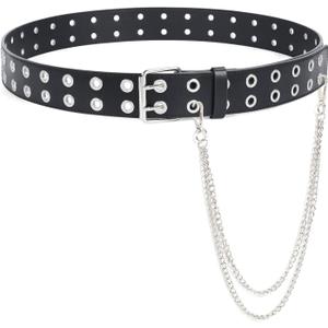 SUOSDEY Double Grommet Leather Belt with Detachable Chain for Women Men, Punk Black Belt with Double Studded Holes for Jeans (M: Fit Pants Size 36"-41") 