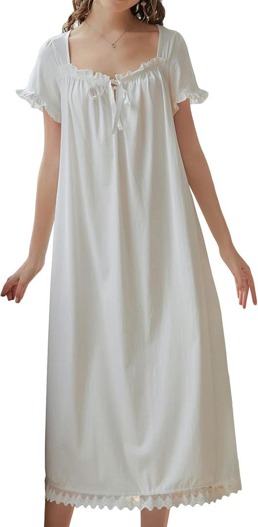 Lu's Chic Women's Victorian Nightgown Princess Cotton Sleepwear Short Sleeve Loungewear (Medium)