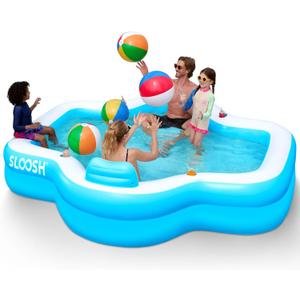 SLOOSH Inflatable Pool for Family with Seats, 120" x 101" x 26" Full-Sized Blow Up Durable Thickened Above Ground Pool with Backrest Cup Holders,Swimming Pools for Backyard Summer Water Lawn, Blue