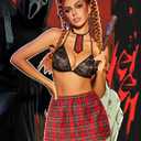 Avidlove Sexy Lingerie Set for Women Plaid Mini Skirt Outfit with Thong Set 4 Piece (Large, Black)