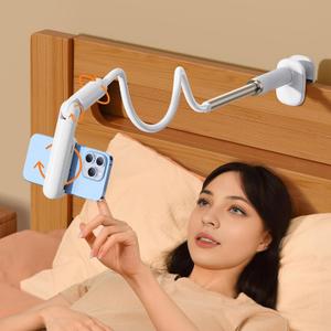 Gooseneck Phone Holder for Bed Laying Down with Clamp, Flexible Arm Overhead Phone Mount for Desk Bedside, Cell Phone Stand Adjustable Fit for iPhone 16 Promax, 15 Pro, 14 Plus, 13 & 4-7" Phone White
