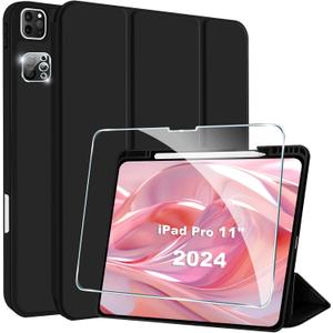 iPad Pro 11-Inch (M4) 2024 Case, Protective Case for Soft TPU Silicone with Pencil Holder (Case+ Screen Protector+Camera Lens Protector) Black