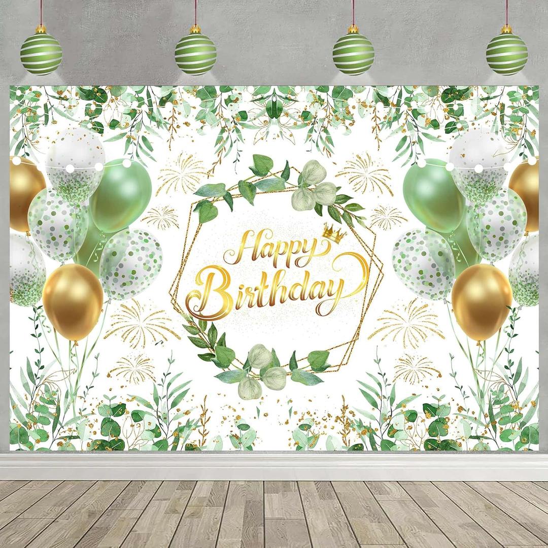 Greenery Birthday Banner Backdrop 71 x 43 Inch Sage Green Party Decorations Happy Birthday Photo Backdrops Eucalyptus Leaves Ballon Banner for Photography Women 21st 30th Party Supplies