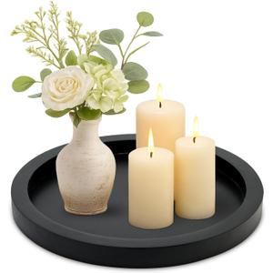 Round Decorative Tray for Coffee Dining Table Countertop Small Wooden Serving Trays Farmhouse Kitchen Home Living Room Decor and Bathroom Accessories Tray Black Rustic Wood Candle Centerpiece Trays (11")