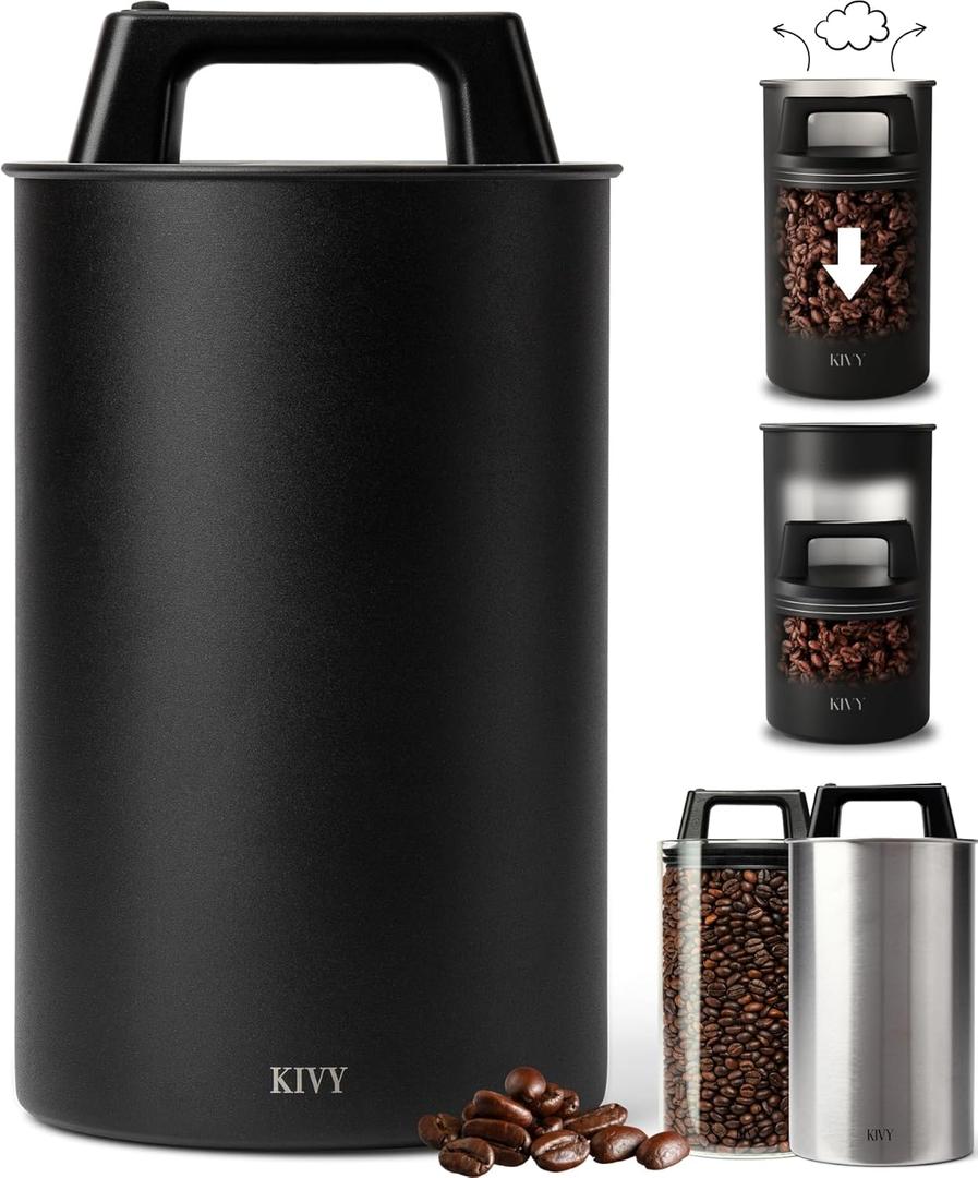 KIVY Vacuum Coffee Canister (Large) - Push Lid Preserves Aroma & Oil - Stainless Steel Airtight Canister - Container for Ground & Coffee Bean Storage - Removes Excess Air (Black)