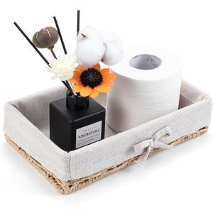 Bathroom Tray Wicker Toilet Paper Basket Toilet Tank Trays for Countertop Storage Behind Bathroom Tray Organizer Toilet Tank Top Basket Suitable for Any Home Dcor Style (9.8x5.9x2.36 In, Beige)