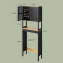 Over The Toilet Storage Cabinet with Breathable Bamboo Doors, 3-Tier Bathroom Organizer Above Toilet, Freestanding Space Saver Rack with Adjustable Bottom Bar & Shelf, 24" x 70", Black & Natural