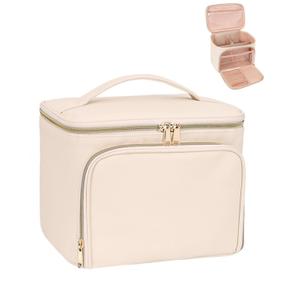 Relavel Makeup Bag with Dividers, Large Travel Makeup Organizer Bag, Makeup Brush Bag Train Case, Portable Cosmetic Bag for Girls, Large Capacity Storage Bag for Toiletries (Beige) (02-White)