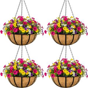 4pcs 16 inch Metal Hanging Baskets Round Wire Plant Stand with Coco Lining Cushion Decorative Planter Hanger Garden Indoor Outdoor Watering Hanging Basket BT