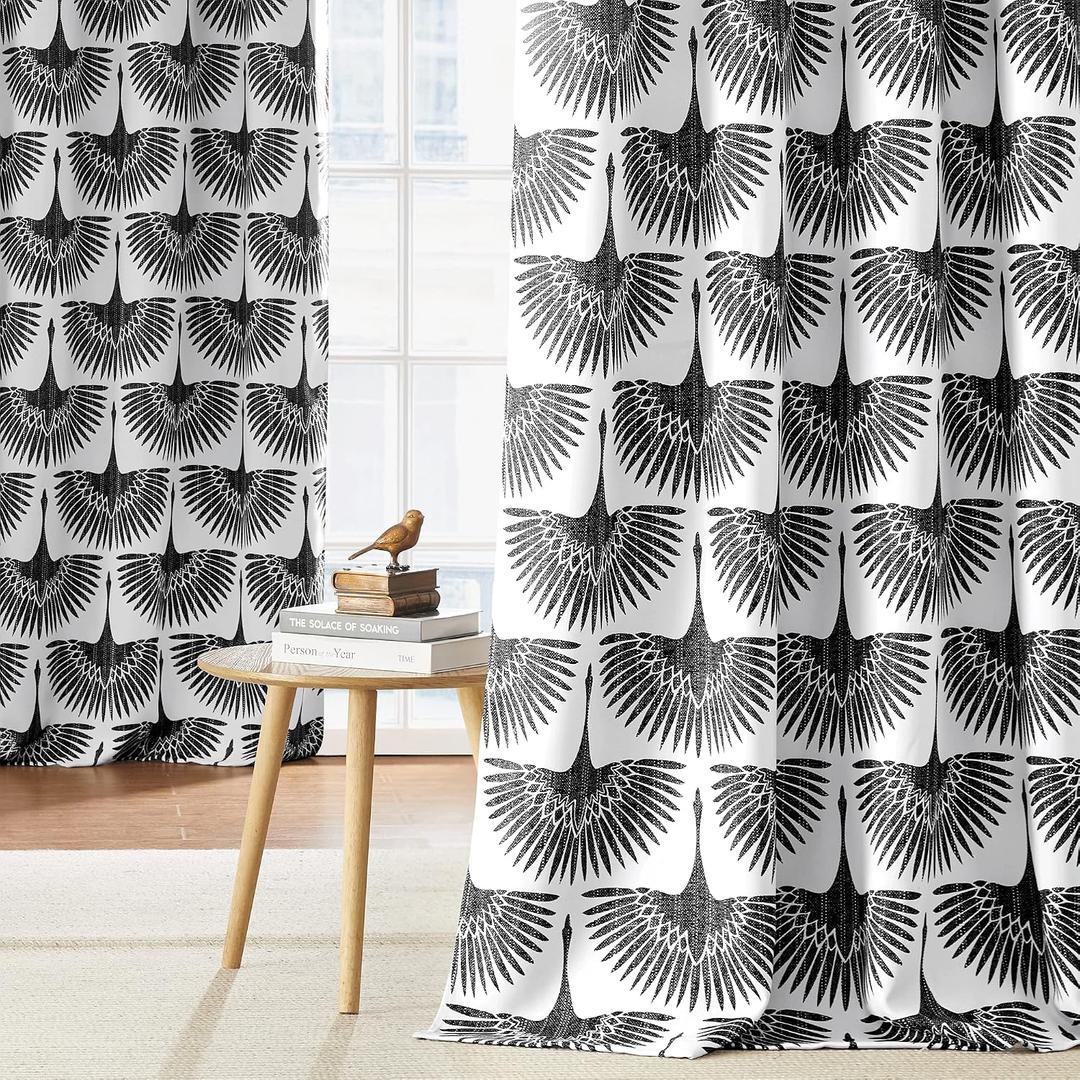 KGORGE Geometric Print Curtains Blackout - Floral & Animal Pattern Window Curtains for Living Room, Meeting Room, Thermal Insulated Darkening Drapes for Home Office, 52 W x 84 L, Black, 2 Pcs