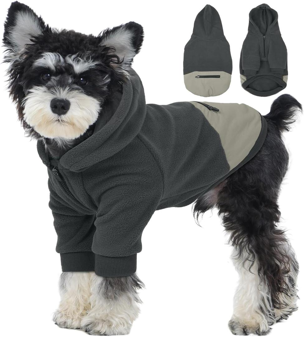 Nanaki Dog Hoodie for Small Dogs Girl Boy, Warm Fleece Dog Sweater with Hood & Pocket- Long Sleeve Sweatshirt for Fall Winter Spring, Adjustable Half-Zip Puppy Pullover Coats for Cold Weather Grey XS (XS(Chest Girth: Less than 14.2"))