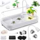 Large Turtle Tank Kit with Lamp and Filter, Acrylic Turtle Tank Starter Kit, Tank Aquarium with Heightened and Curved Fences, Bottom Drainage, Multi-Function Areas