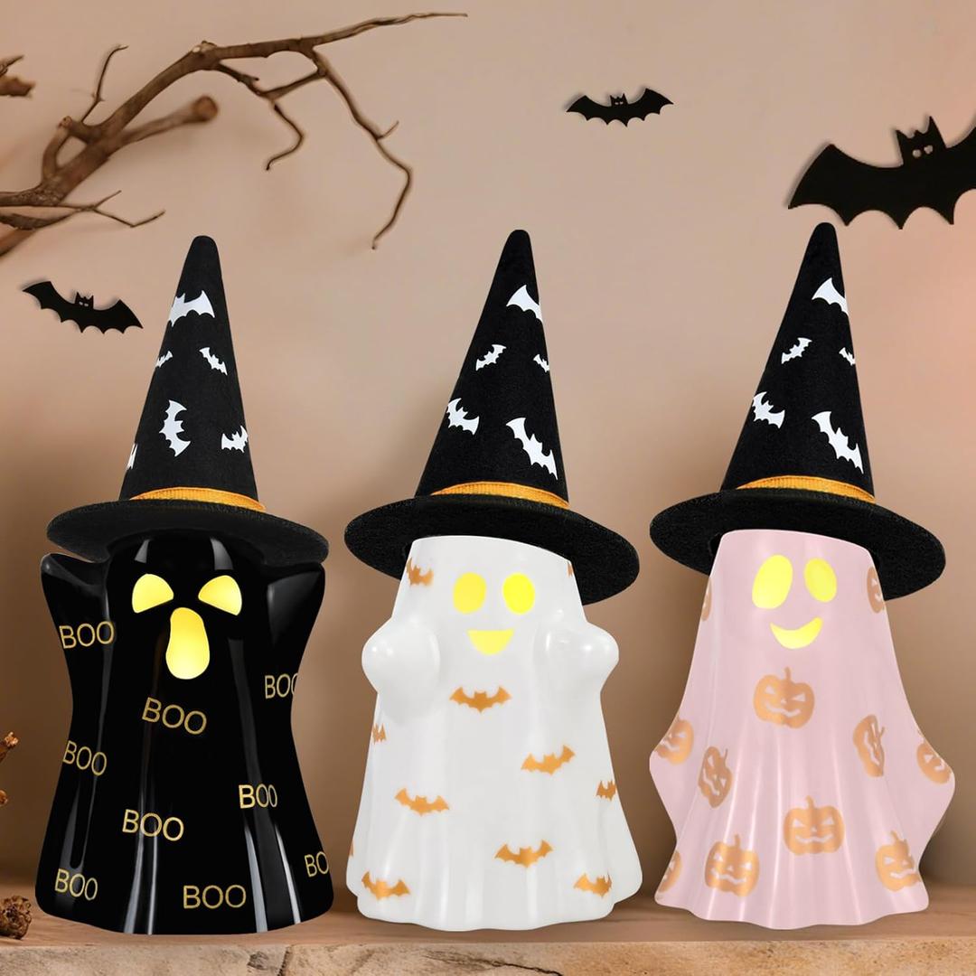 Halloween Decorations Indoor, Set of 3 Ceramic Halloween Ghosts with Witch Hats, Cute Spooky Lighted Decor Ghost Figurines Witch Hat Scary Pumpkin Bats Boo for Home Mantel Shelf Table Decor