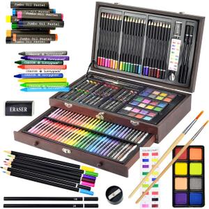 Sunnyglade 145 Piece Deluxe Art Set, Wooden Box & Drawing Kit with Crayons, Oil Pastels, Colored Pencils, Watercolor Cakes, Sketch Pencils, Paint Brush, Sharpener, Eraser, Color Chart (Cherry)
