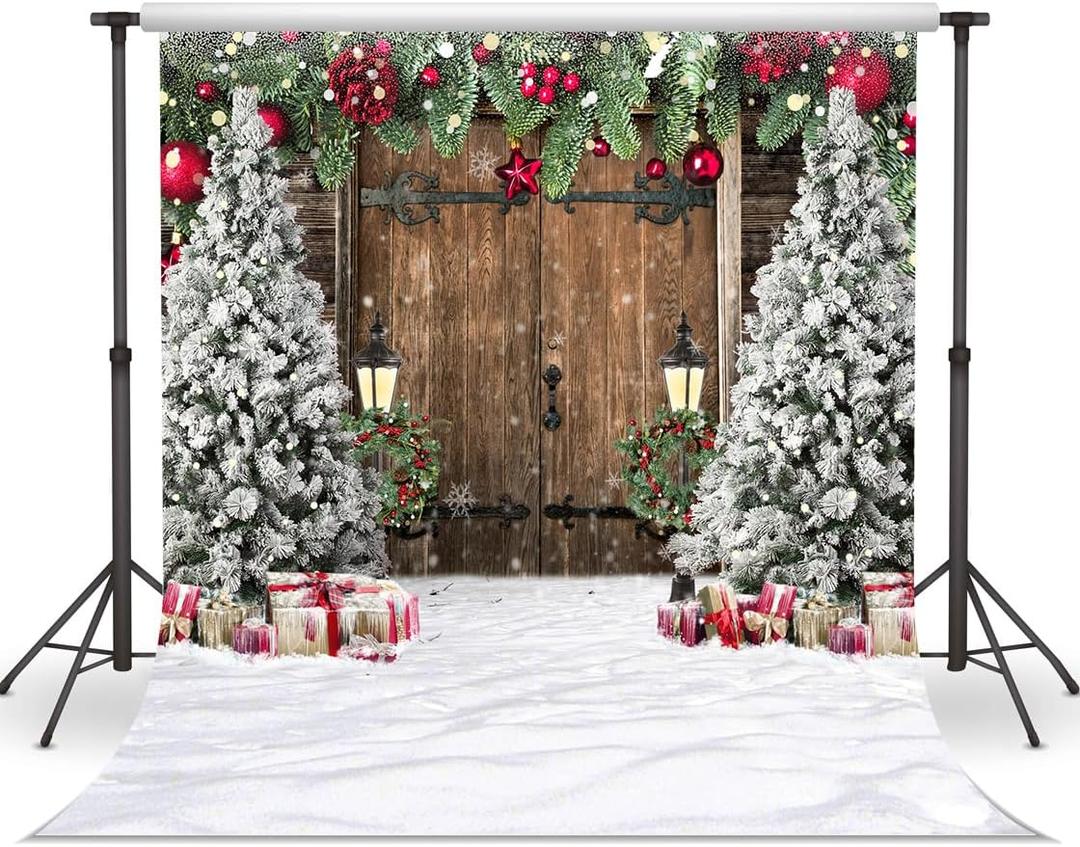 WOLADA Rustic Christmas Backdrop Barn Door Backdrops for Photography Xmas Tree Snow Back Drop 10x10FT 12585