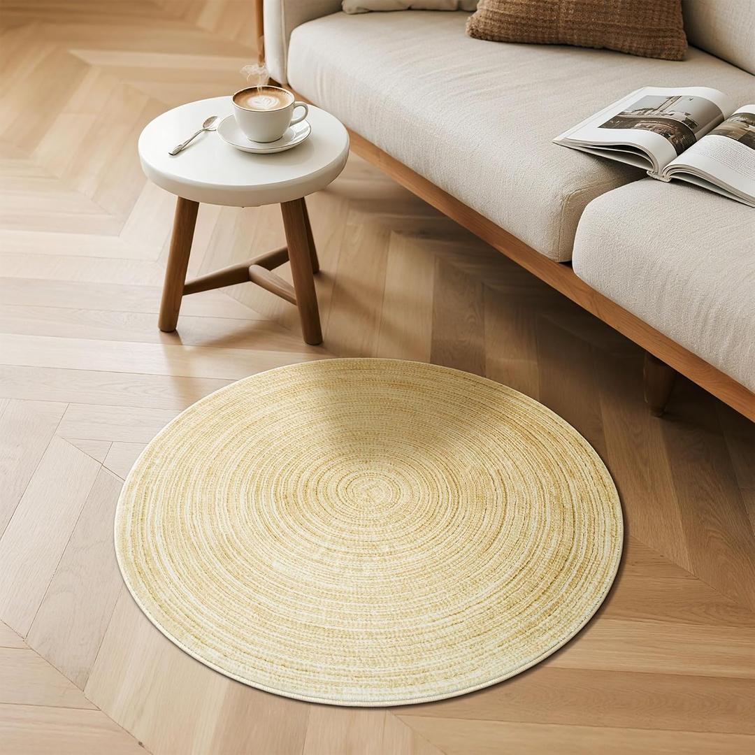 Carvapet 2 ft Round Washable Rug, Imitation Jute Low Pile Circle Carpet with Non Slip Rubber Backing, Foldable Stain Resistant Area Rug for Living Room Bedroom Office Bathroom, Yellow