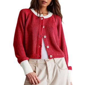 Women's Cropped Cardigan Sweaters Fall Long Sleeve Open Front Cardigans Button Down Color Block Crewneck Knit Outwear Coats Red, Medium 