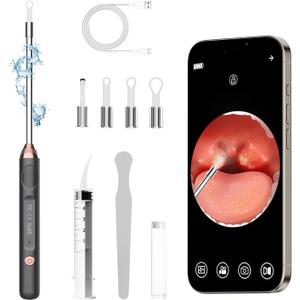 Tonsil Stone Remover with Camera Tonsil Stone Removal Tool with LED Light Tonsil Cleaner for Tonsil Stone Removal Tonsillolith Removal Tool with 4 Head Attachments for iOS & Android (Black and Gold)