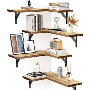 Amada HOMEFURNISHING Corner Floating Shelves, Set of 4 Corner Shelves Wall Mounted, Shelves for Wall Decor, Corner Wood Shelves for Home Decor, Office, Bedroom, Bathroom, Laundry Room, Kitchen