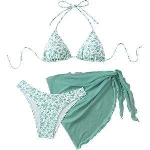SHENHE Women's 3 Piece Floral Bikini Set with Wrap Coverup Halter Triangle Swimsuits (X-Large)