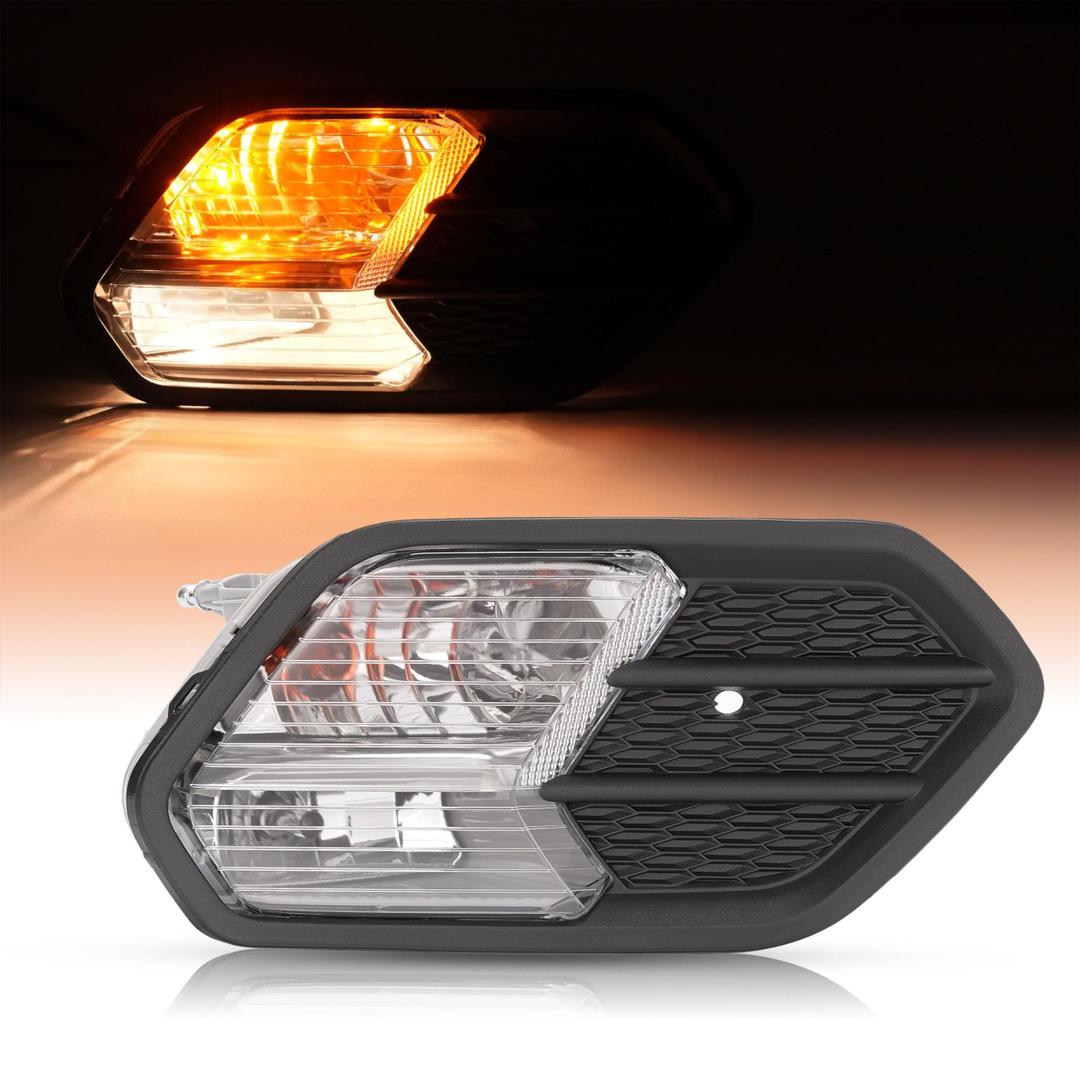 HECASA Front Right Fog Light&Bezel Compatible with 2017-2019 Ford Escape Kuga Front Bumper Fog Driving Light Lamp Black Cover Trim Clear Lens Replacement for FO2521194 FO1039164 Passenger Side