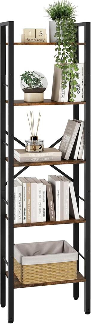 Tajsoon 5 Tier Ladder Bookshelf Industrial Ladder Shelf, Narrow Tall Skinny Bookshelf with Metal Frame, Multipurpose Standing Book Shelf for Bedroom, Living Room, Kitchen, Home Office, Rustic Brown