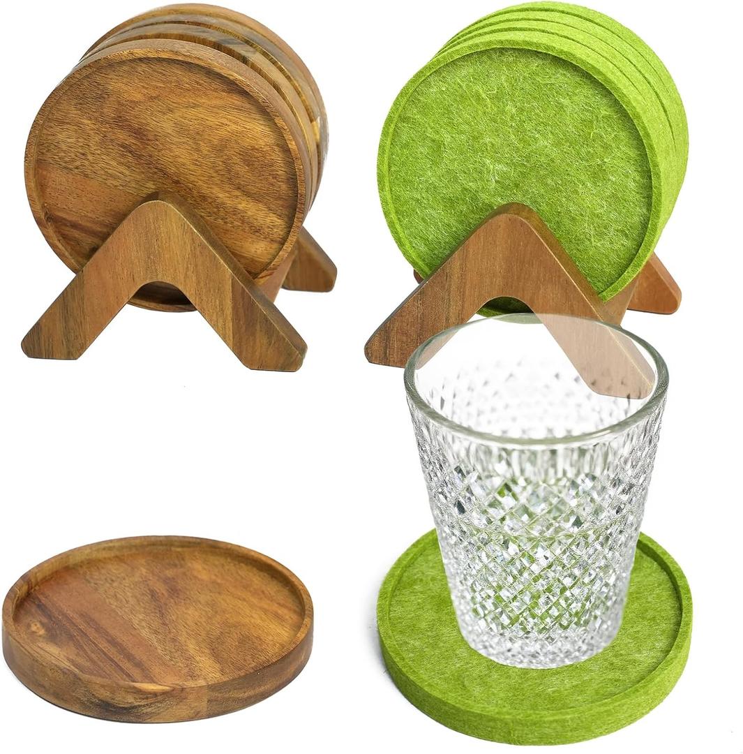 Acacia Wood Coaster Set of 8 with Holder - Dual-Material Design (4 Wood & 4 Absorbent Felt Pads) - 3" Non-Slip Furniture Protectors for Coffee Table, Home Bar & Office, Round Coaster Set