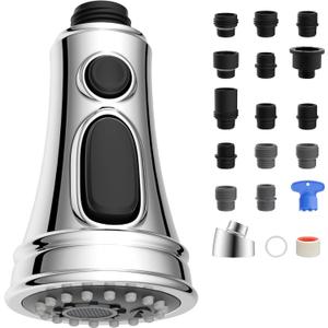 Hibbent Kitchen Faucet Head Replacement with Pull Down Spray Head, 3 Function Faucet Sprayer Nozzle - 15 Adapters Compatible with Moen, American Standard, Delta, Kohler - Chrome
