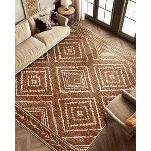 Area Rug 8x10 Rug Machine Washable Non-Slip Low Pile Print Pattern Western Rug for Living Room Bedroom Entryway Tribal Series -Yellowbrown/Cream