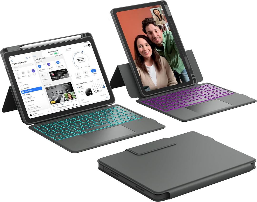 CHESONA for iPad 11th(A16, 2025)/10th(2022) Generation Case with Keyboard, Smart Trackpad, 15-180 Adjustable Case with Pencil Holder, 7 Colors Magnetic Backlit Keyboard (Grey)