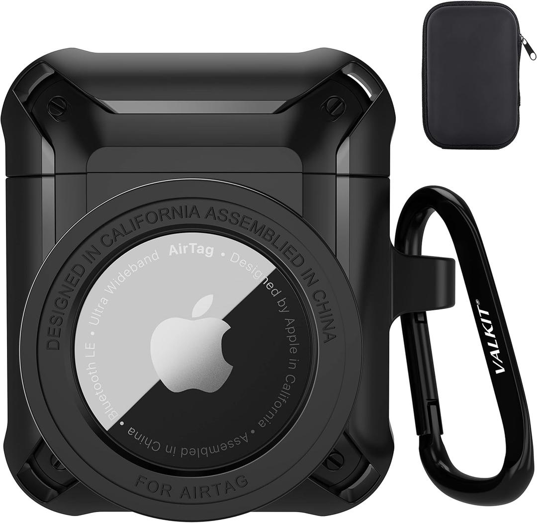 Valkit Compatible Airpods Case and AirTags Case Cover, 2 in 1 Rugged Protective Case Shockproof Air Pod 2 Case for Men Women with Keychain iPod Skin for Airpods 1/2 Gen and Airtag 2021, Black