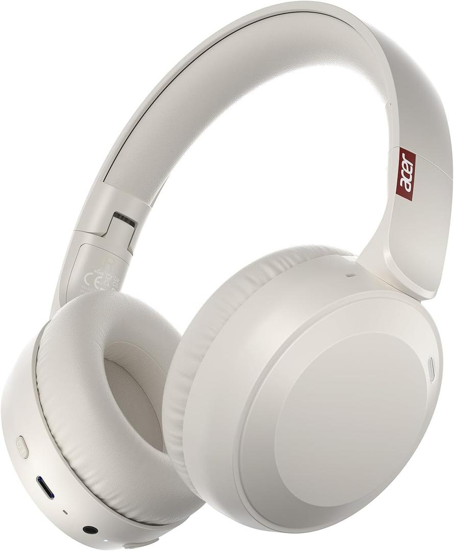 acer Wireless Bluetooth Headphones, 70 Hours Playtime, Foldable Over-Ear Headphones with 40mm Drivers, Memory Foam Earpads, Multipoint Bluetooth 6.0 for Travel, Home, Office, White
