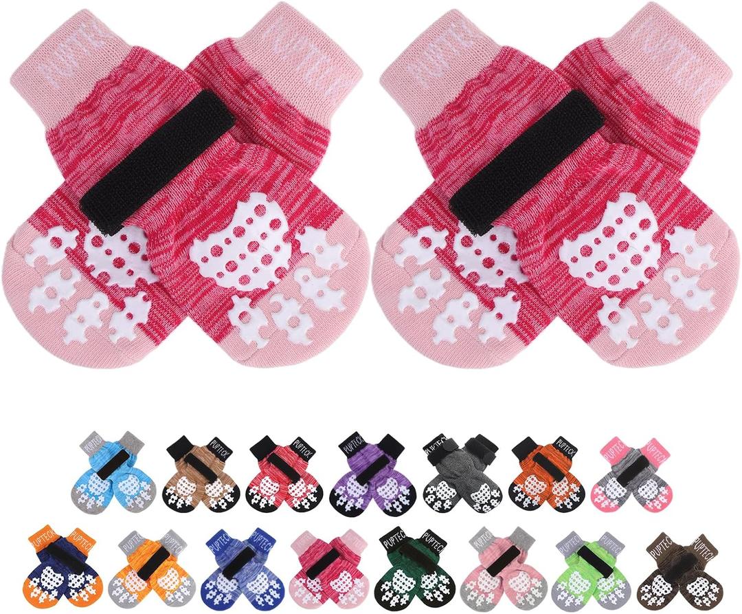 PUPTECK Anti-Slip Dog Socks with Double Sides Grips for Small Medium Large Dogs Hardwood Floors Prevents Licking, Dog Shoes for Hot Pavement Traction Control for Senior Dogs, Fuschia, M (Medium (4 Count))