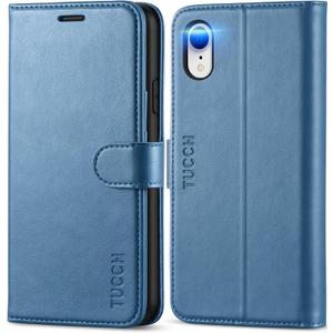 TUCCH Wallet Case for iPhone XR, Kickstand PU Leather Wireless Charging Flip Cover [Shockproof TPU Shell] with RFID Blocking Credit Card Slots Compatible with iPhone XR 6.1, Lake Blue