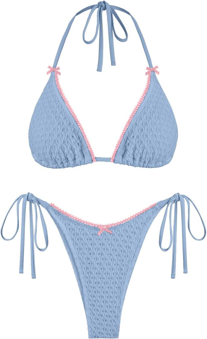 ZAFUL Bikini Sets for Women Halter Two Piece Swimsuit Eyelet Triangle Tie Side Thong Bathing Suit Bowknot Lace Trim Swimwear (X-Small, Blue)