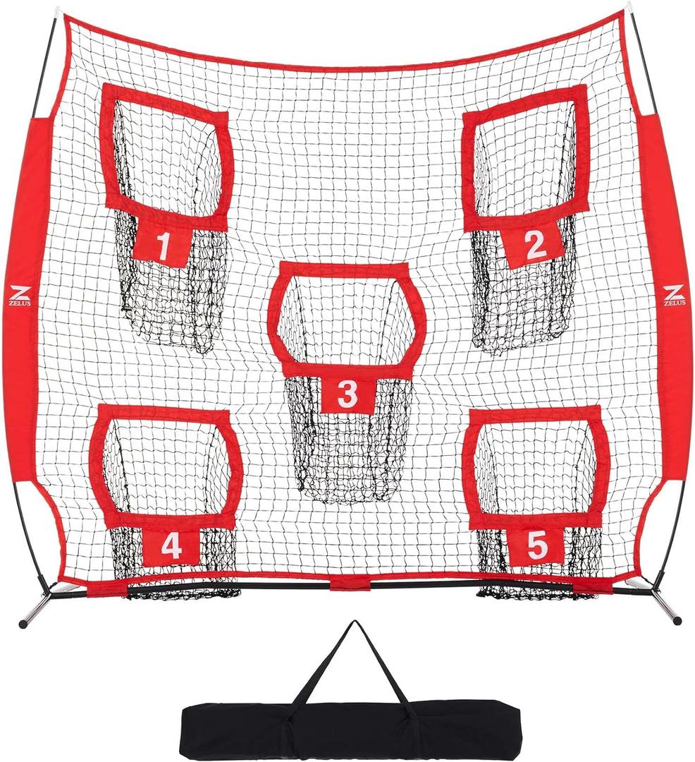 ZELUS 7 x 7ft Football Trainer Throwing Net | Training Target Practice with 5 Targets | Great for Quarterback | Includes Carry Bag (Red)