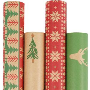 LaRibbons Kraft Christmas Wrapping Paper Set, 30 Inch X 10 Feet (4 Rolls: 100 Sq. Ft. Ttl) Snowflake, Green Tree, Deer Antlers and Gift Box Shapes Design for Xmas, Party, Holiday, Celebration