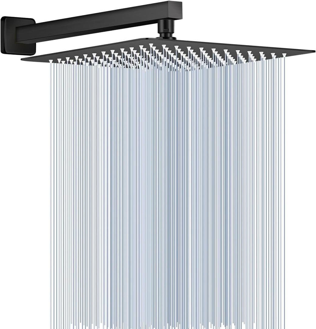 All Metal Matte Black Rainfall Shower Head with Extension Arm, 12" Large Rain Square Showerhead with 16" Long Shower Arm Stainless Steel, 144 Silicone Nozzles Waterfall Full Body Coverage