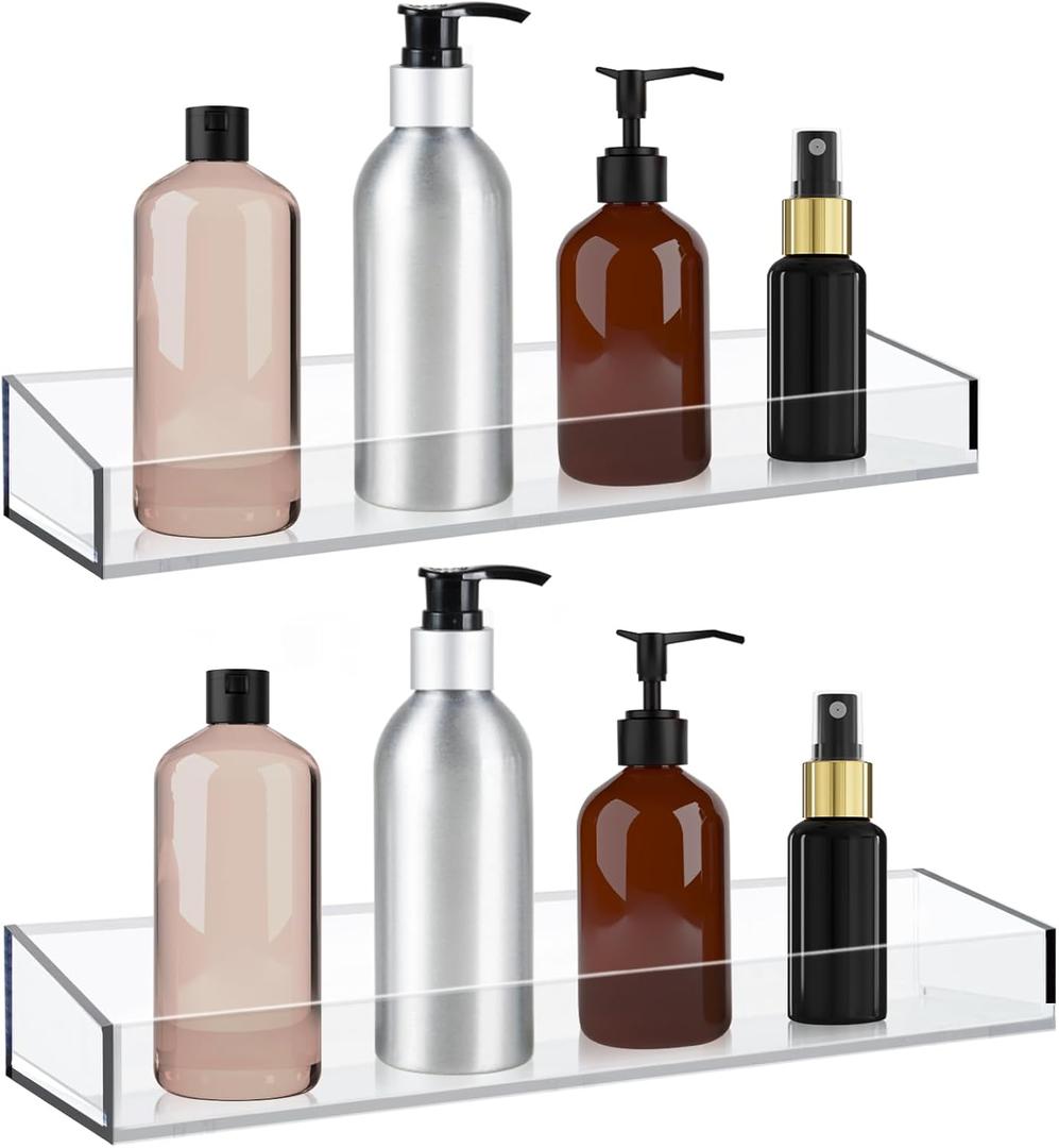 2 Pack Acrylic Bathroom Shelves, Clear Acrylic Shower Caddy Organizer, 15" Invisible Floating Shelves for Book/Figures/Photo/Makeup in Bathroom, Living Room, Bedroom, Kitchen (2 Pack With Square Seamless Stickers)