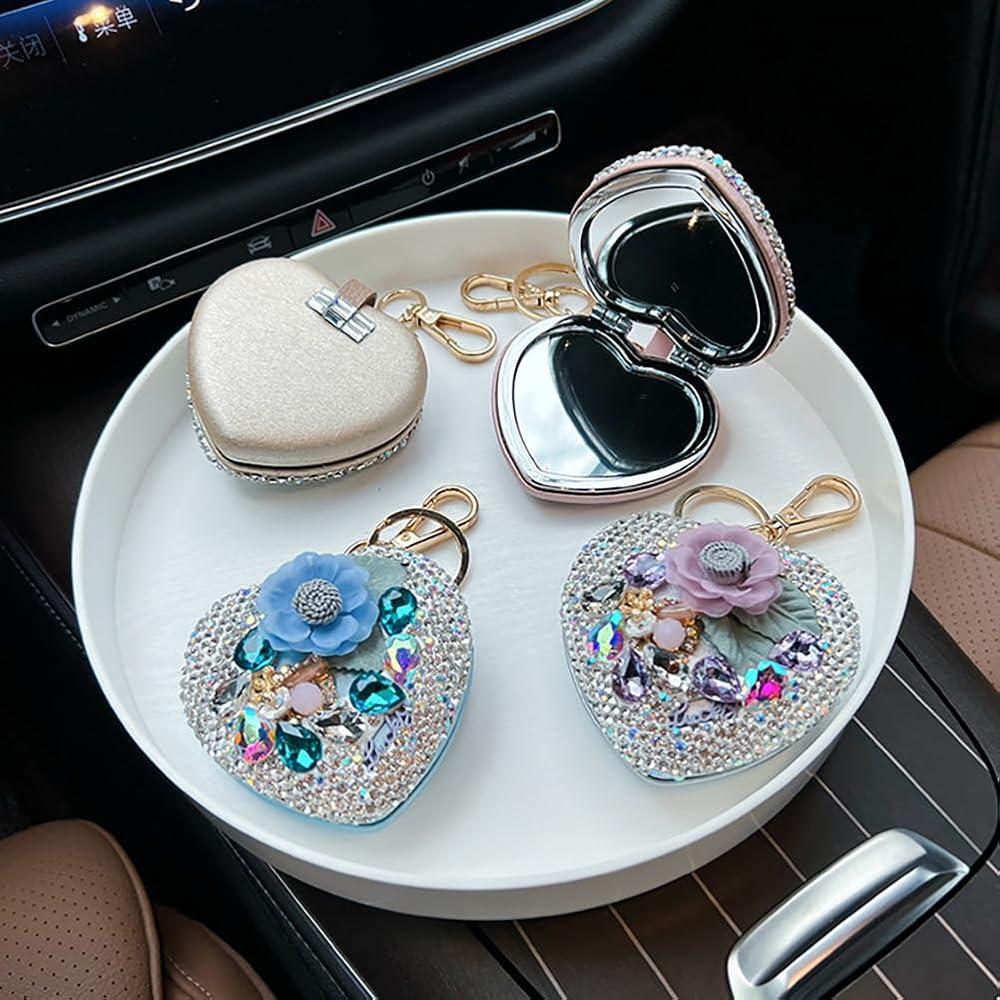 WIizyzfhy 1Pcs Rhinestone Compact Mirror Heart Keychain, Portable Double-Sided Makeup Mirror with Key Ring Cute Bling Folding Cosmetic Mirror Keychain for Purse Travel Gift (Random Color/Style)