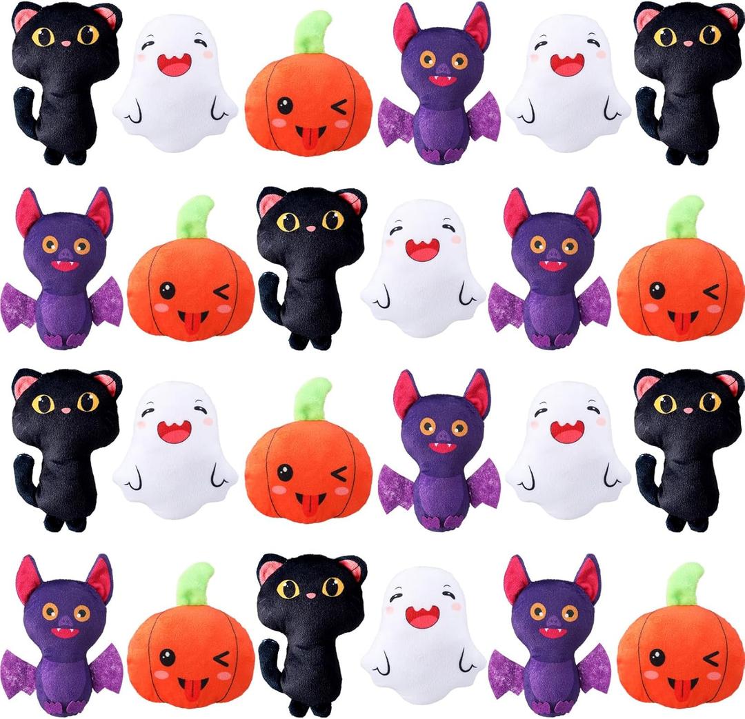 Soulchen 24 Pcs Halloween Plush Bulk Halloween Kawaii Stuffed Animals Bulk Pumpkin Ghost Bat Black Color Cat Plush Toys for Gifts Party Decorations Prizes Candy Bags