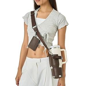 Premium Water Bottle Carrier Bag for Stanley 40oz & Simple Modern 40oz - PU Leather Water Bottle Holder with Adjustable Strap - Includes Card Holder & Keyring for Stanley Cup Accessories (Dark Brown)