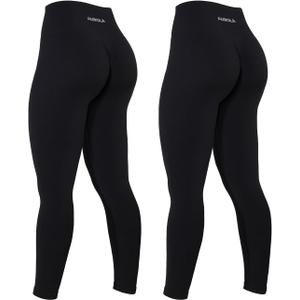 AUROLA Power Workout Leggings for Women Tummy Control Squat Proof Ribbed Thick Seamless Scrunch Active Pants (Large, Set (Black+black))