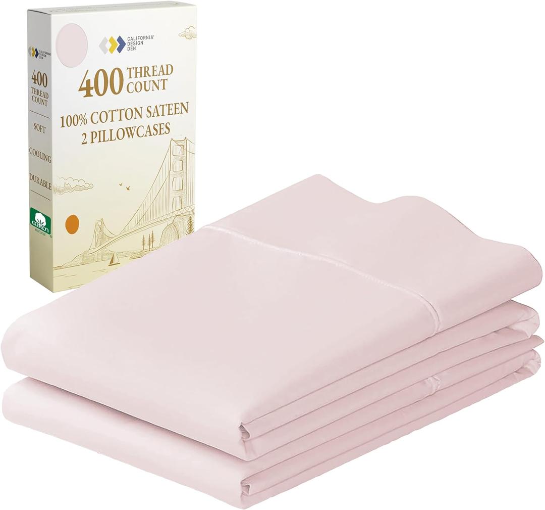 California Design Den King Size Pillowcase Set - 400 Thread Count, 100% Cotton Sateen, Luxury Set of 2 Pillow Covers, Breathable, Cooling, Soft for Comfortable Quality Sleep - Pink