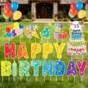 Happy Birthday Yard Signs Outdoor Decorations - 19 PCS Set with 16" Letters, 30" Large Cake Sign on H-Shaped Metal Stand, 32.8 Ft LED Lights & Stakes for Lawn Garden Party