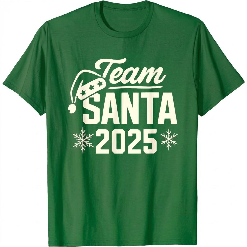 Team Santa 2025 Santa Claus Hat Christmas T-Shirt (Green, S)