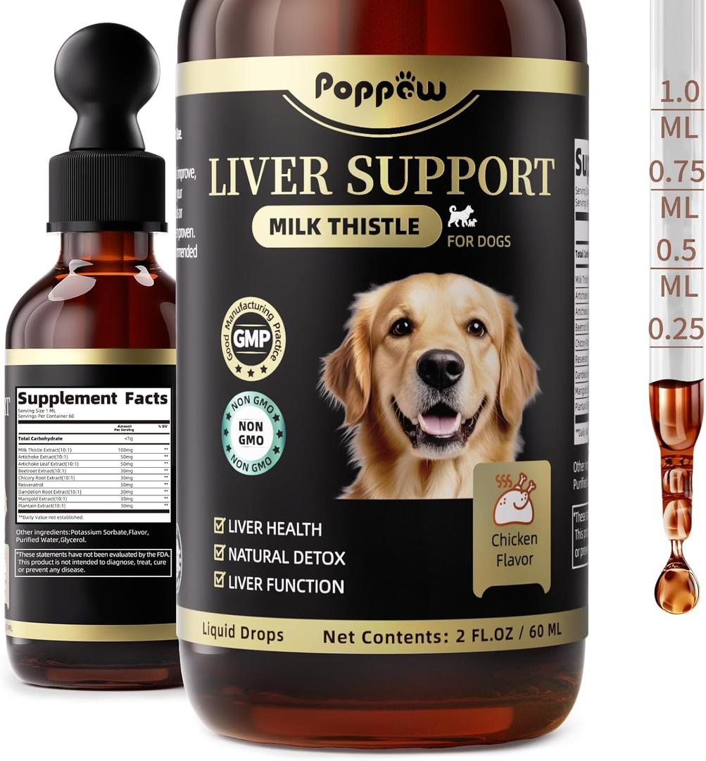 Milk Thistle for Dogs  9-in-1 Liver and Kidney Support Drops with Artichoke, Resveratrol, Marigold Extract, 100% Natural Detox Supplement for Liver Function, Split Dropper, Chicken Flavor, 2Oz