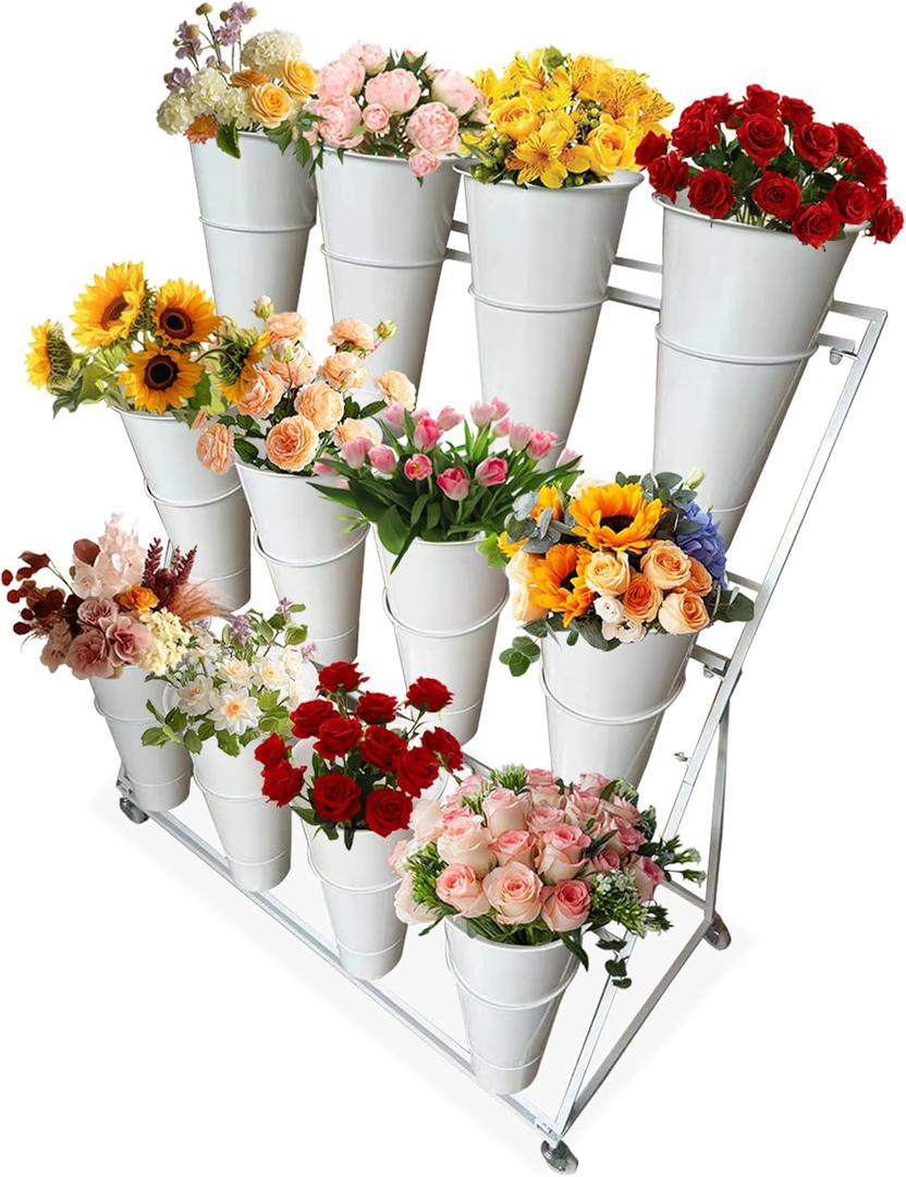 Flower Display Stand with 12 Buckets, 3 Layers Metal Movable Flower Bar Stand with Round Buckets and 4 Universal Wheels for Patio, Garden, Florist, Flower Shop, Business Use (White)