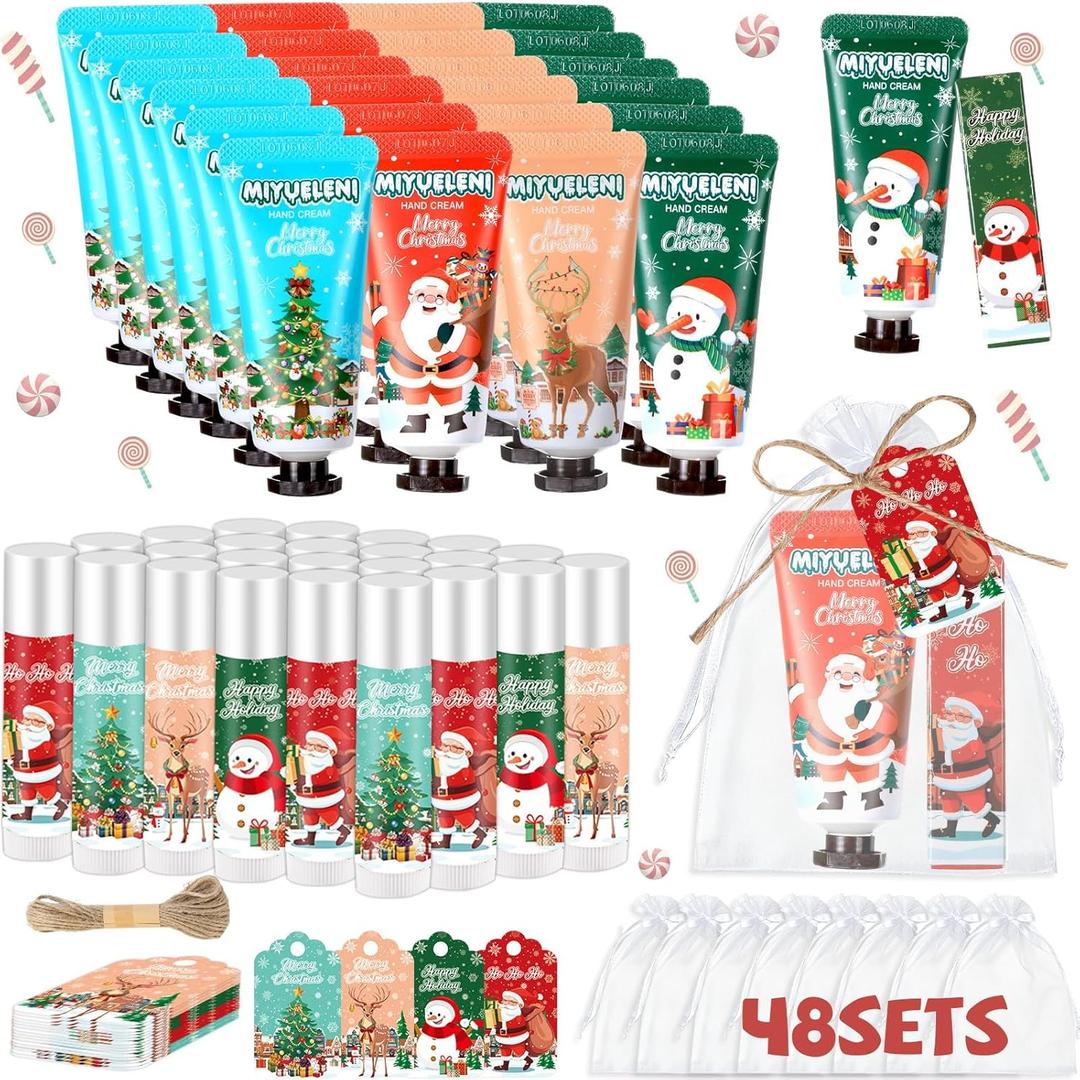 192 Pcs 48 Sets Christmas Hand Cream and Lip Balm Gift Bulk Set,Moisturizing Lip Balm Hand Lotion with Organza Bag Xmas Card, Holiday Birthday Party Favors Stocking Stuffers Gifts for Women Girls