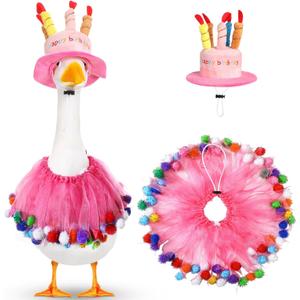 Aliceset Happy Birthday Porch Goose Outfit Lawn Goose Clothes Hat and Tutu Collar Goose Outfits for 23" Cement/Plastic Porch Goose Outdoor Statue Patio Yard Lawn Art (Pink)